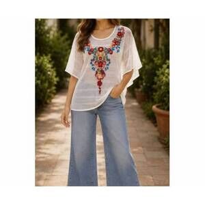 NEW ADORE floral embroidered mesh poncho top in white